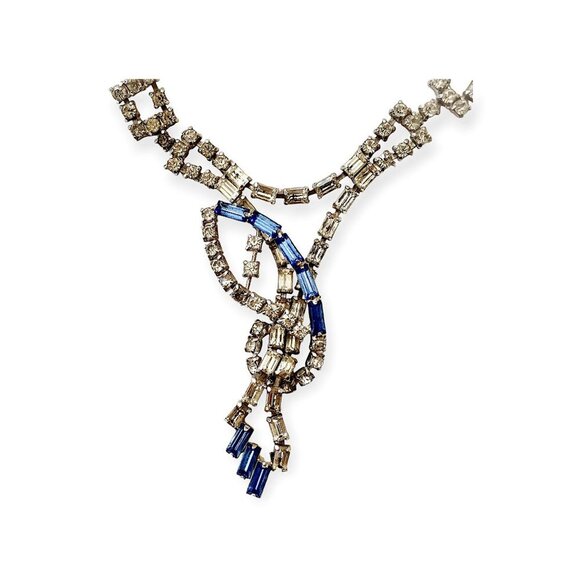 Mid-Century Vintage Rhinestone Necklace,  Blue Accents – Art Deco Revival Style - Picture 4 of 9